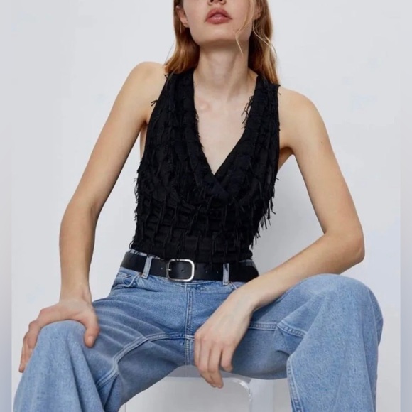 ZARA Black Textured Fringe Bodysuit Sleeveless V-Neck Women’s Small - Picture 3 of 10